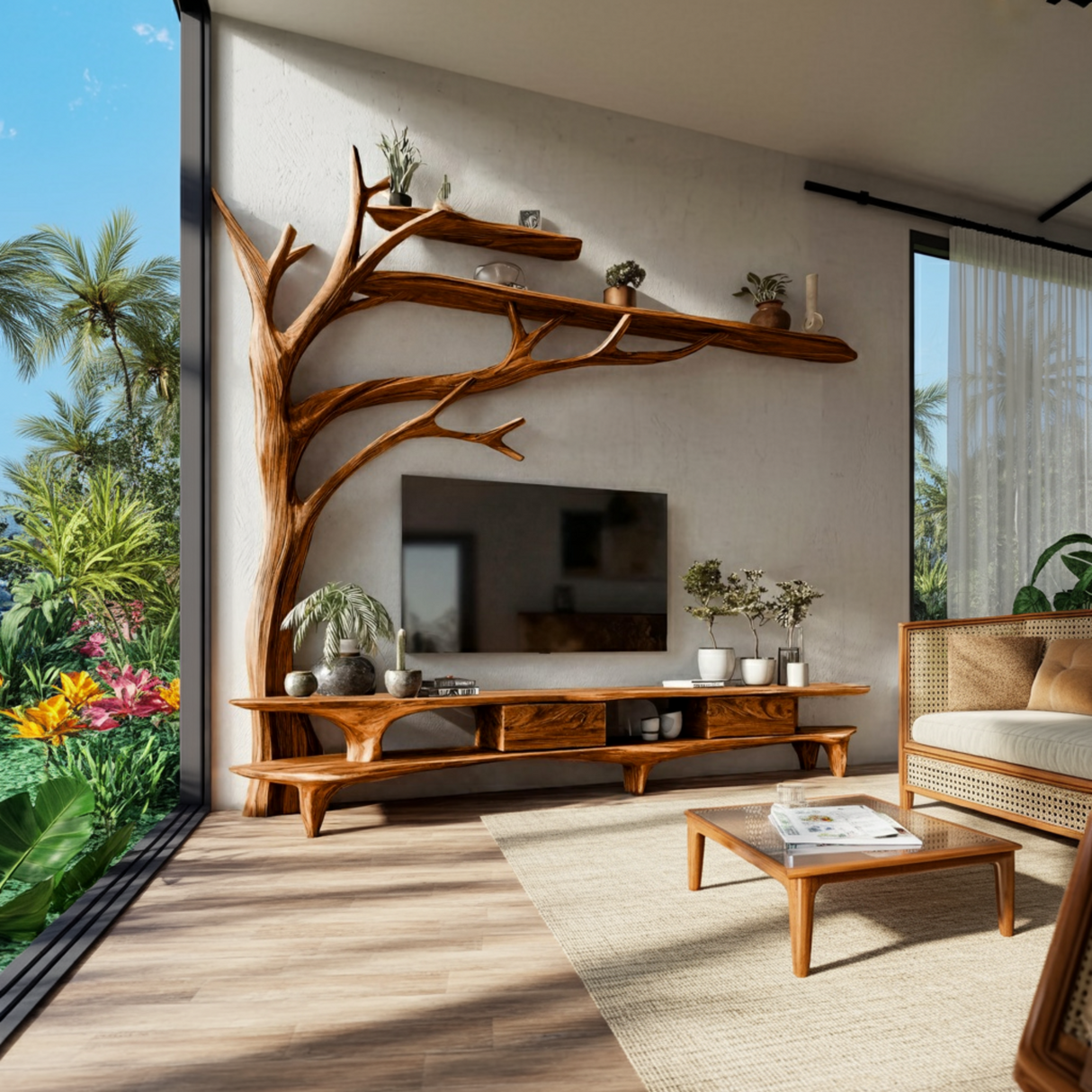 Elowen Tree Branch Live Edge Solid Wood TV Console - Timberustic TV Console with Tree Shelf