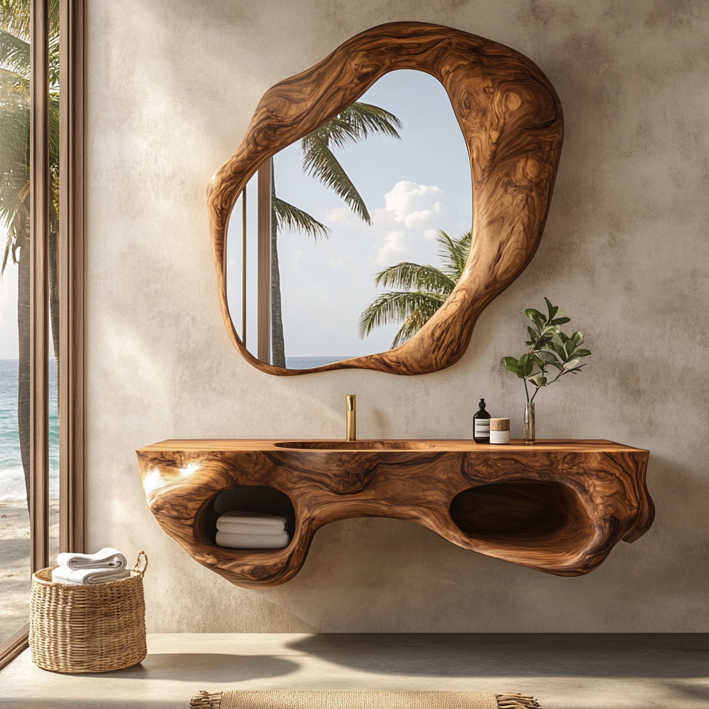 Elyra Sculpted Solid Wood Floating Bathroom Vanity with Integrated Sink and Open Storage - Timberustic Floating Bathroom Vanity with Integrated Sink and Open Storage