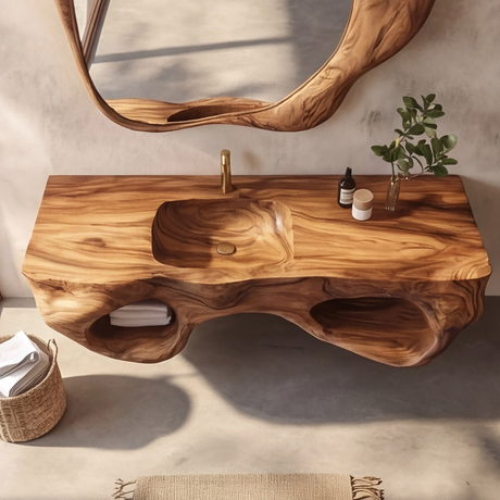 Elyra Sculpted Solid Wood Floating Bathroom Vanity with Integrated Sink and Open Storage - Timberustic Floating Bathroom Vanity with Integrated Sink and Open Storage