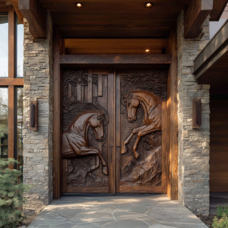Equinar Handcrafted Solid Wood Horse Relief Double Door - Timberustic Door