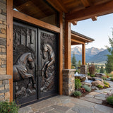 Equinar Handcrafted Solid Wood Horse Relief Double Door