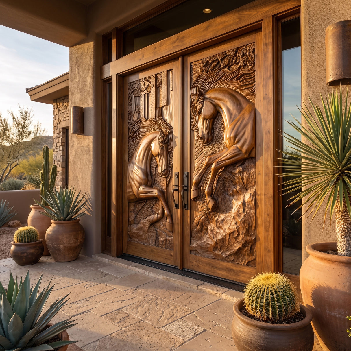 Equinar Handcrafted Solid Wood Horse Relief Double Door