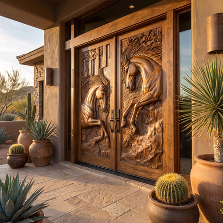 Equinar Handcrafted Solid Wood Horse Relief Double Door Brown - Timberustic Door
