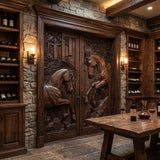 Equinar Handcrafted Solid Wood Horse Relief Double Door