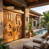 Equinar Handcrafted Solid Wood Horse Relief Double Door