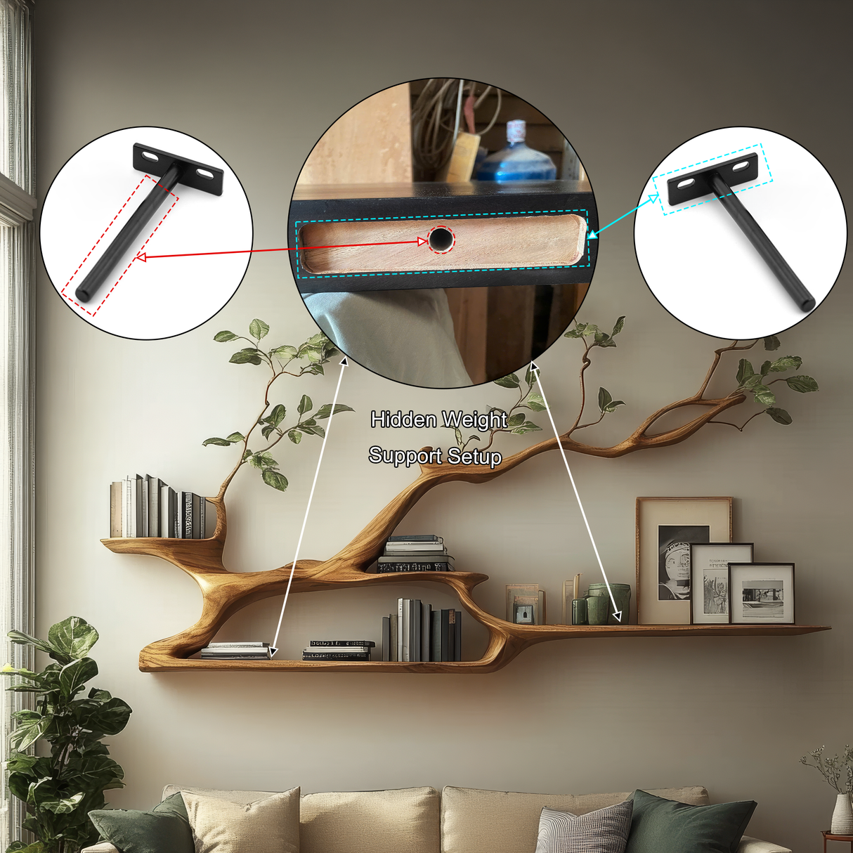 Eryndor Live Edge Solid Wood Tree-Inspired Wall Bookshelf - Timberustic Tree Bookshelf