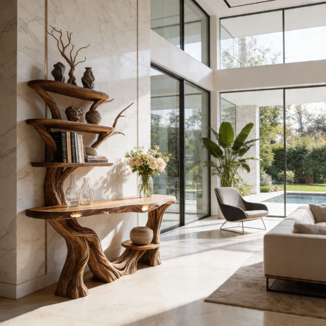 Eryndor Sculpted Solid Wood Console Table with Shelves - Timberustic Console Table with Shelves