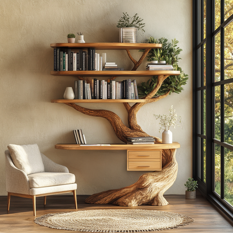 Eryndor Sculpted Solid Wood Tree Bookshelf with Drawers - Timberustic Tree Bookshelf