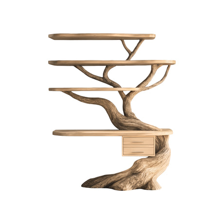 Eryndor Sculpted Solid Wood Tree Bookshelf with Drawers Natural Oak - Timberustic Tree Bookshelf