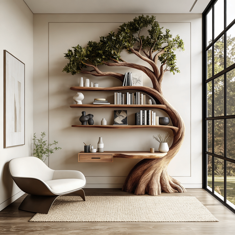 Evermere Handcrafted Solid Wood Tree Bookshelf with Drawers - Timberustic Tree Bookshelf