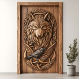 Fenrath Handcrafted Solid Wood Wolf and Raven Single Door