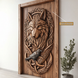 Fenrath Handcrafted Solid Wood Wolf and Raven Single Door