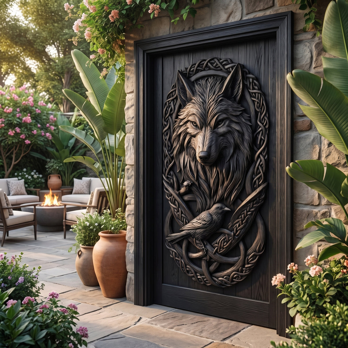 Fenrath Handcrafted Solid Wood Wolf and Raven Single Door