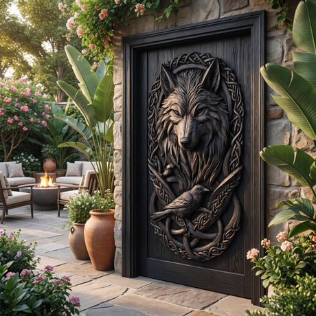 Fenrath Handcrafted Solid Wood Wolf and Raven Single Door Black - Timberustic Door
