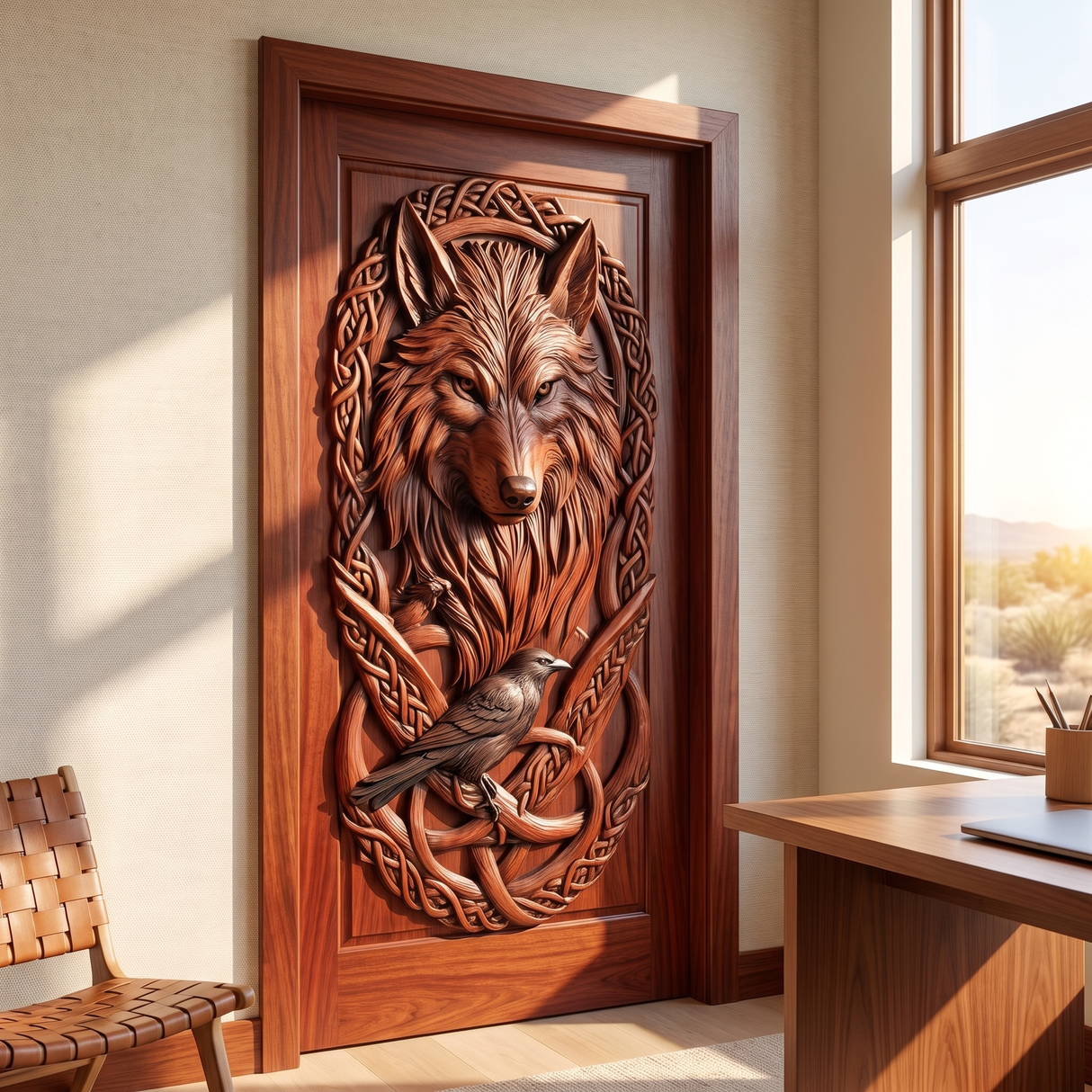Fenrath Handcrafted Solid Wood Wolf and Raven Single Door