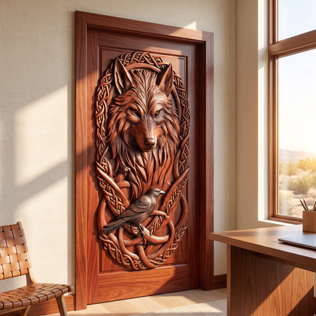 Fenrath Handcrafted Solid Wood Wolf and Raven Single Door Mahogany - Timberustic Door