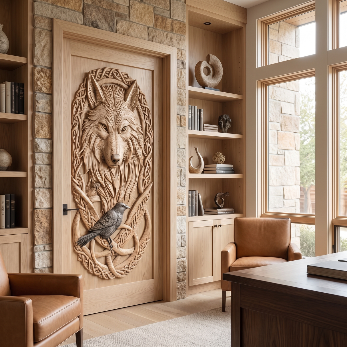 Fenrath Handcrafted Solid Wood Wolf and Raven Single Door