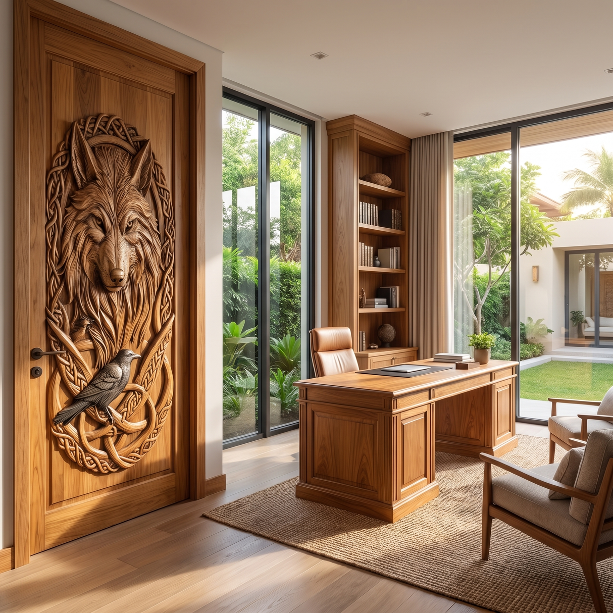 Fenrath Handcrafted Solid Wood Wolf and Raven Single Door