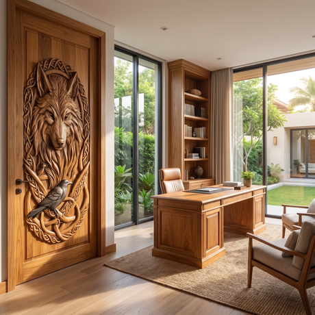 Fenrath Handcrafted Solid Wood Wolf and Raven Single Door Teak - Timberustic Door