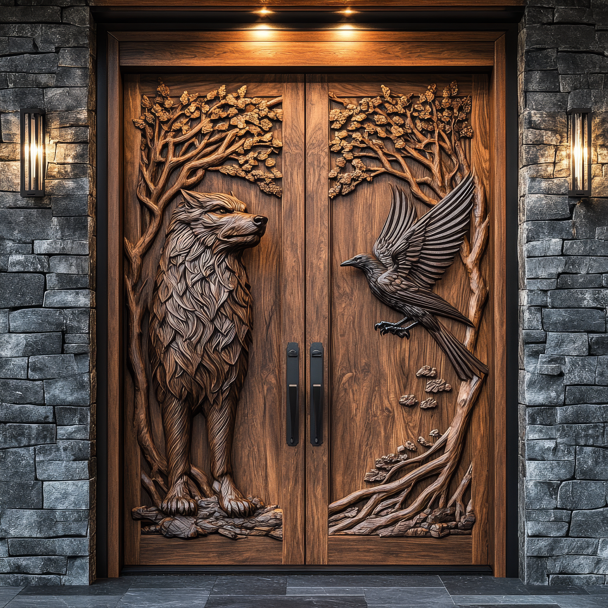 Fenroryn Handcrafted Solid Wood Wolf & Raven Double Doors