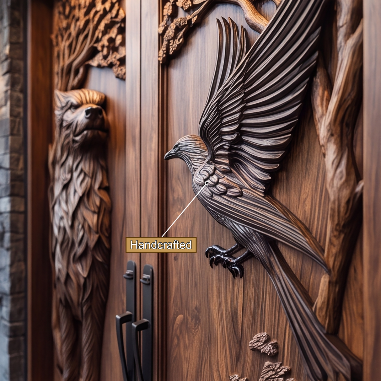 Fenroryn Handcrafted Solid Wood Wolf & Raven Double Doors