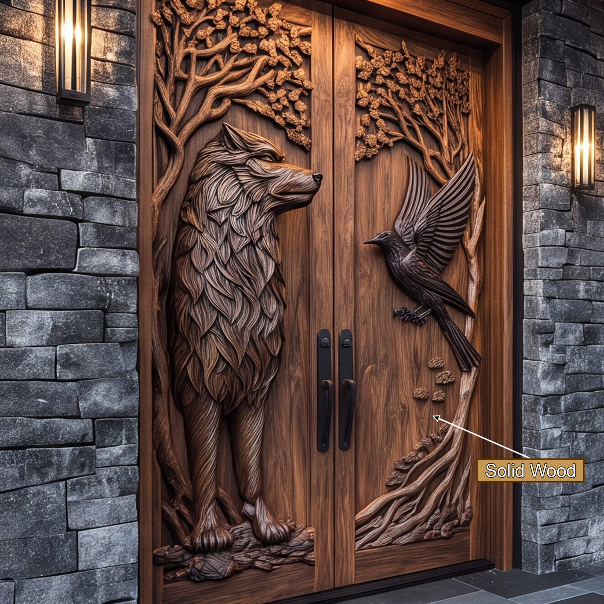 Fenroryn Handcrafted Solid Wood Wolf & Raven Double Doors