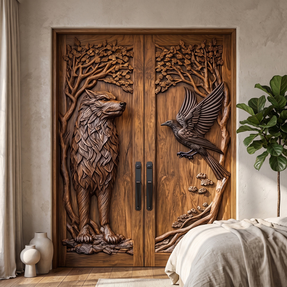 Fenroryn Handcrafted Solid Wood Wolf & Raven Double Doors