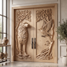 Fenroryn Handcrafted Solid Wood Wolf and Raven Double Doors Natural Oak - Timberustic Door