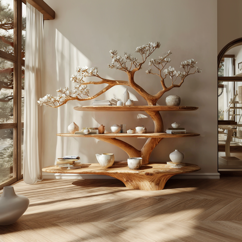 Florentis Sculptural Live Edge Solid Wood Tree Bookshelf