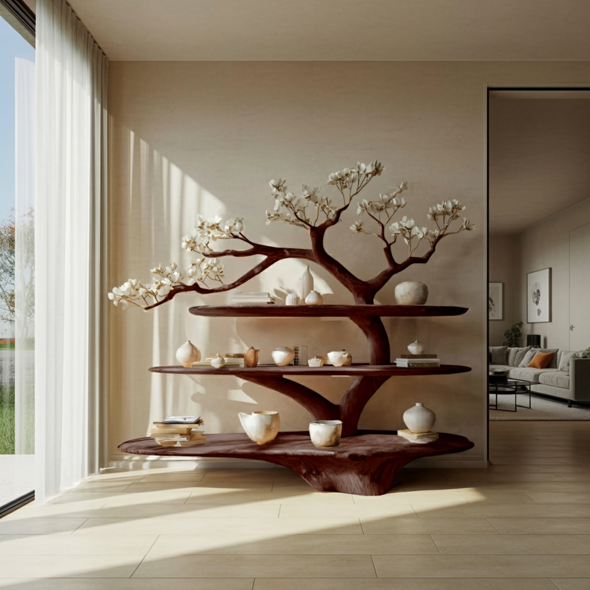 Florentis Sculptural Live Edge Solid Wood Tree Bookshelf