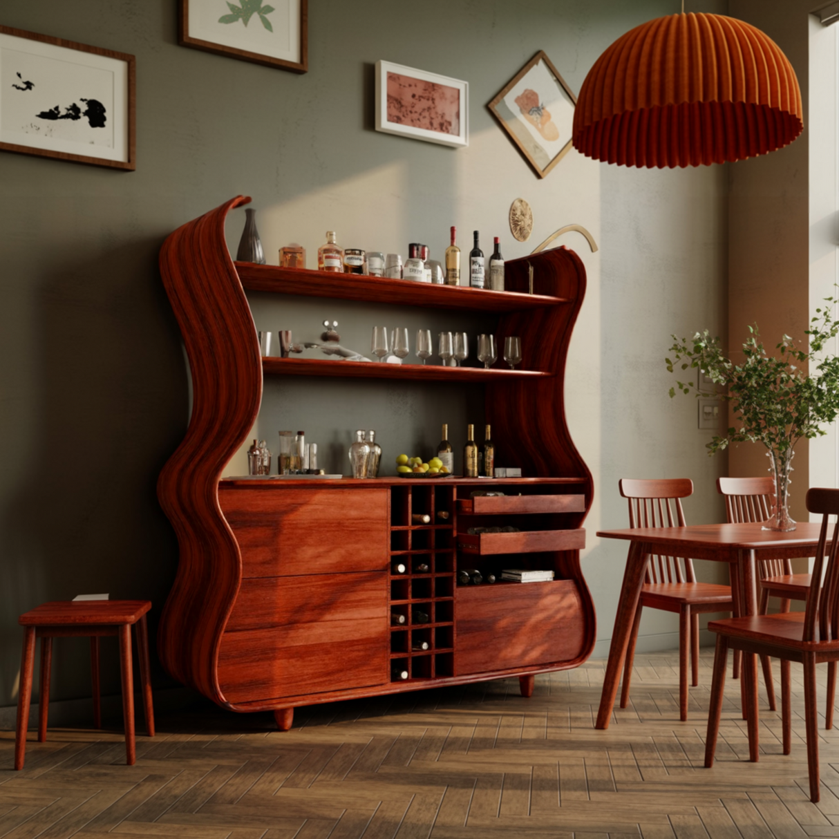 Flowcrest Sculpted Solid Wood Bar Cabinet - Timberustic Bar Cabinet