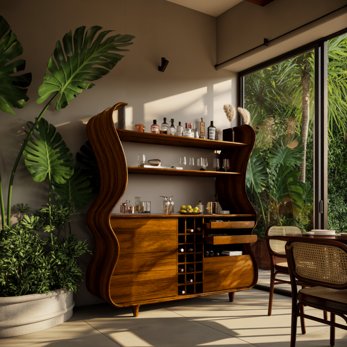 Flowcrest Sculpted Solid Wood Bar Cabinet - Timberustic Bar Cabinet