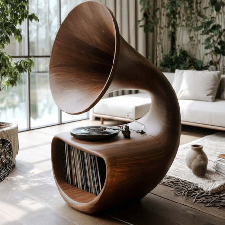 Gramora Sculpted Solid Wood Record Player Stand - Timberustic Record Player Stand With Storage