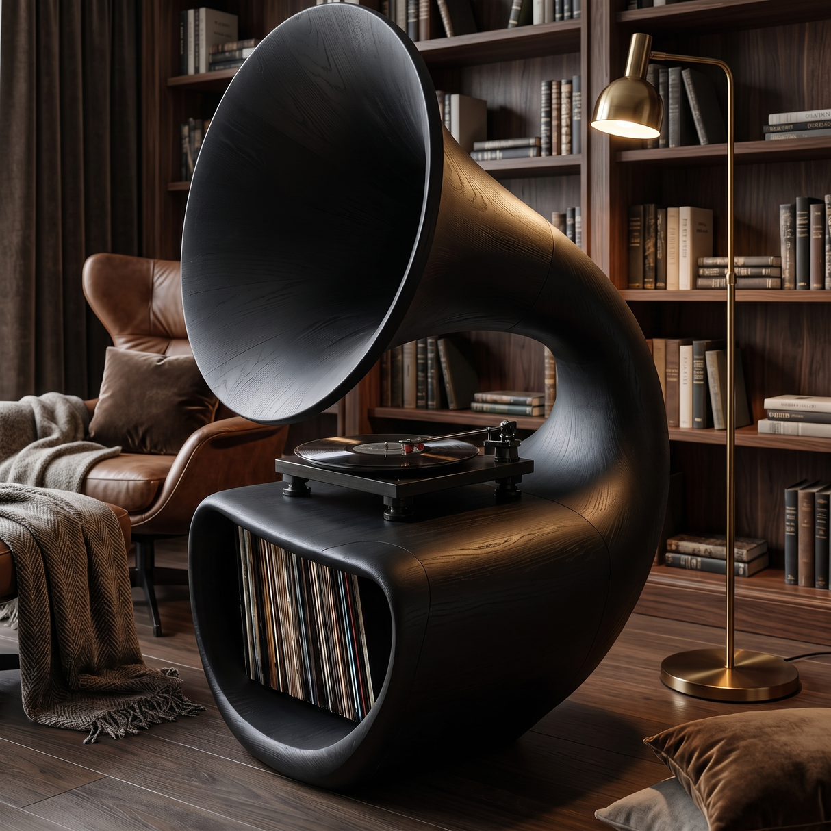 Gramora Sculpted Solid Wood Record Player Stand Black - Timberustic Record Player Stand With Storage
