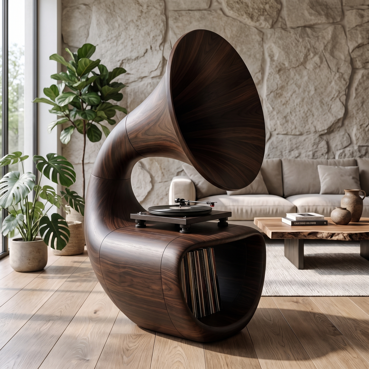 Gramora Sculpted Solid Wood Record Player Stand Dark Walnut - Timberustic Record Player Stand With Storage