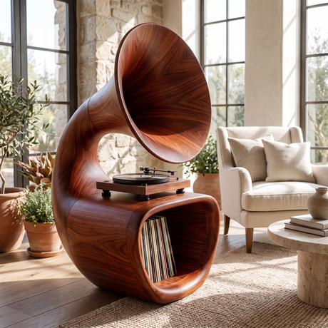 Gramora Sculpted Solid Wood Record Player Stand Mahogany - Timberustic Record Player Stand With Storage