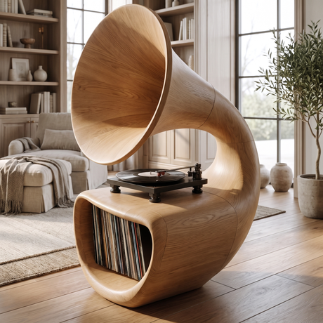 Gramora Sculpted Solid Wood Record Player Stand Natural Oak - Timberustic Record Player Stand With Storage