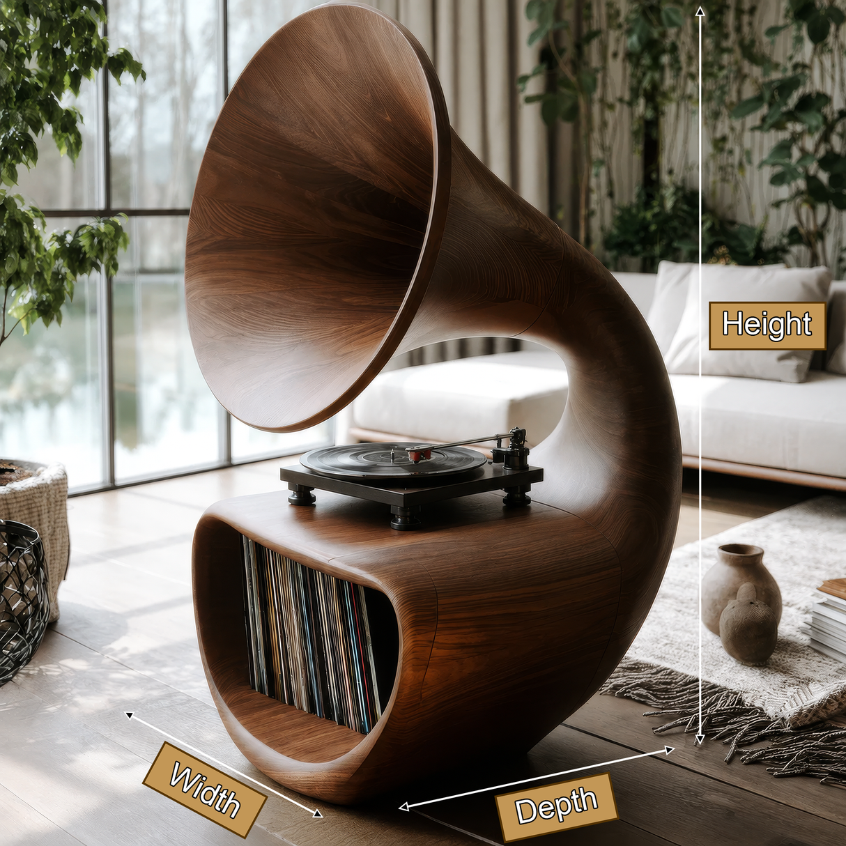 Gramora Sculpted Solid Wood Record Player Stand - Timberustic Record Player Stand With Storage