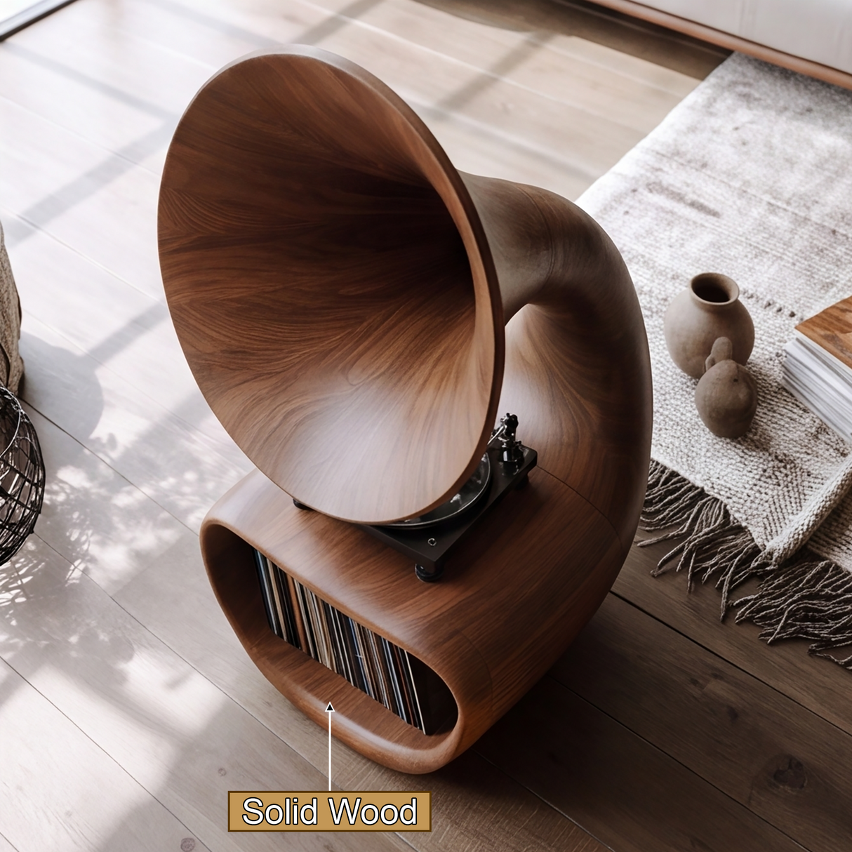 Gramora Sculpted Solid Wood Record Player Stand - Timberustic Record Player Stand With Storage
