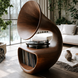 Gramora Sculpted Solid Wood Record Player Stand - Timberustic Record Player Stand With Storage