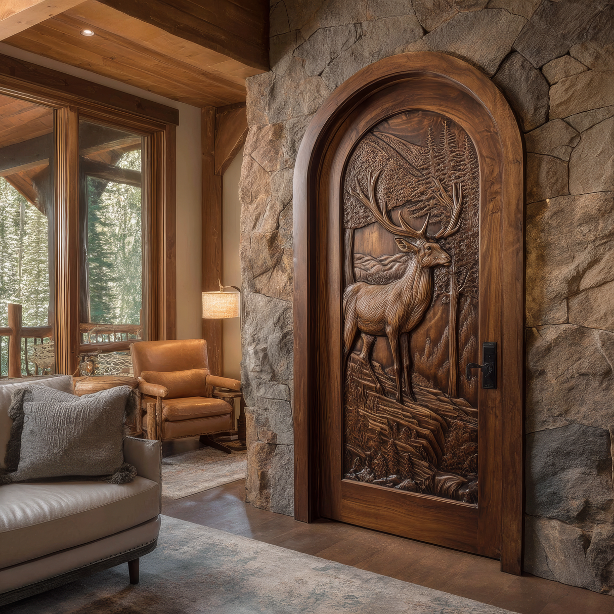 Highcrest Handcrafted Solid Wood Deer Landscape Arched Single Door