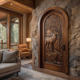 Highcrest Handcrafted Solid Wood Deer Landscape Arched Single Door