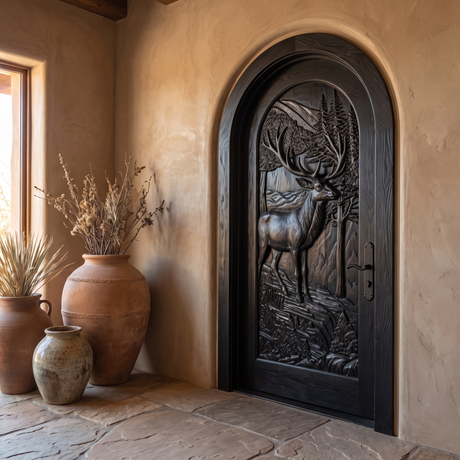 Highcrest Handcrafted Solid Wood Deer Landscape Arched Single Door Black - Timberustic Door