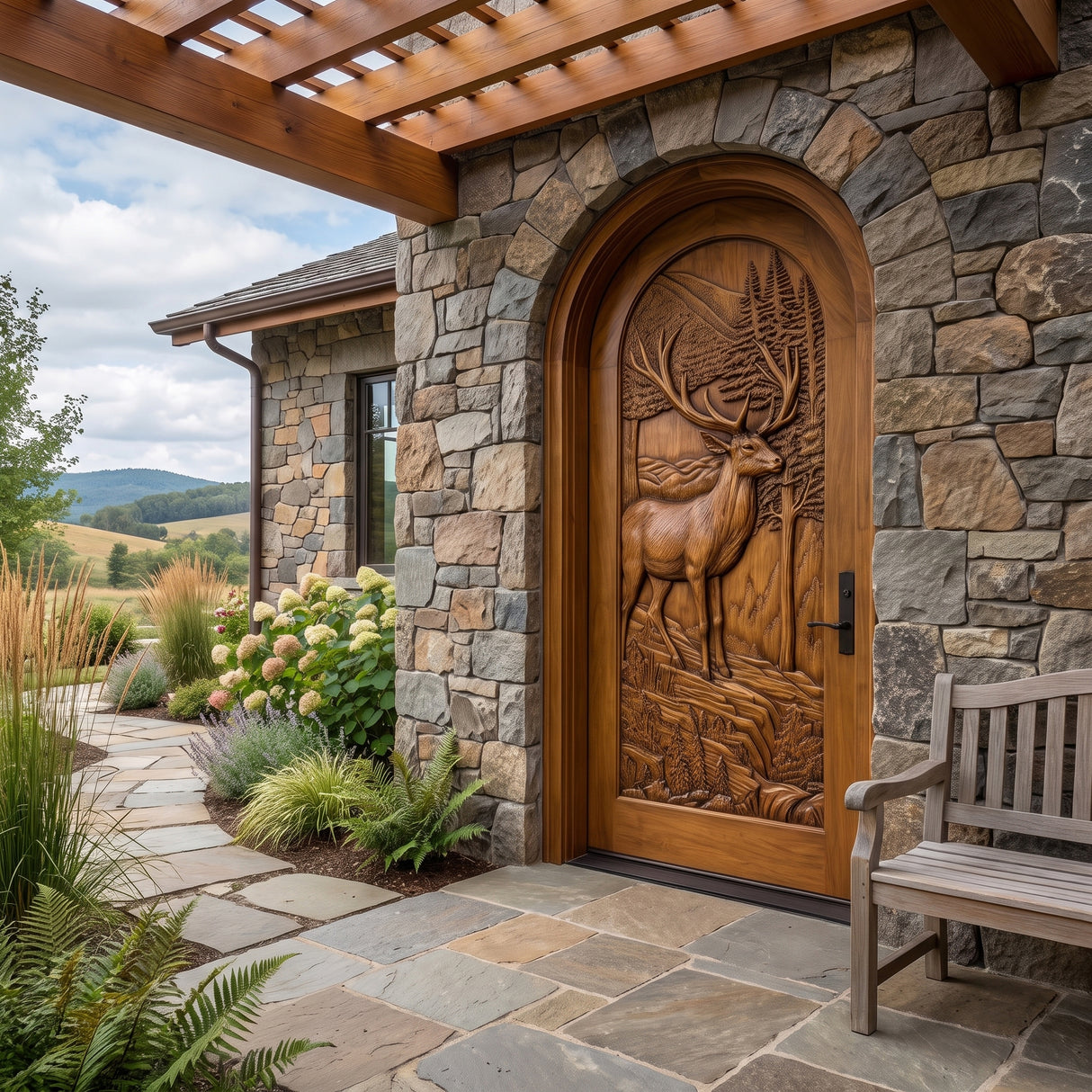 Highcrest Handcrafted Solid Wood Deer Landscape Arched Single Door