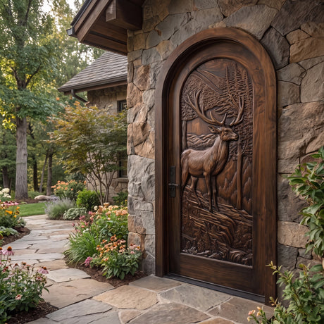 Highcrest Handcrafted Solid Wood Deer Landscape Arched Single Door Dark Walnut - Timberustic Door