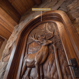 Highcrest Handcrafted Solid Wood Deer Landscape Arched Single Door