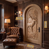 Highcrest Handcrafted Solid Wood Deer Landscape Arched Single Door