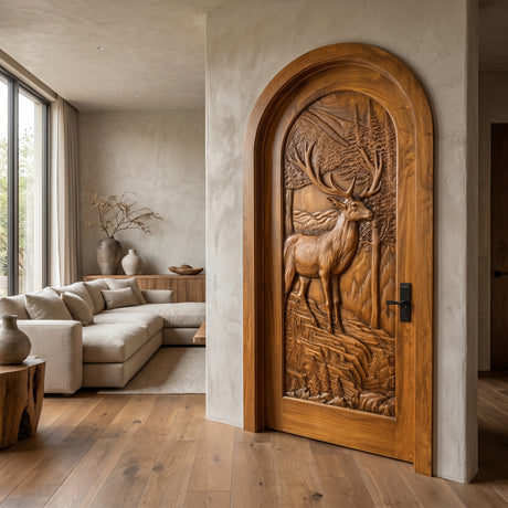 Highcrest Handcrafted Solid Wood Deer Landscape Arched Single Door Teak - Timberustic Door