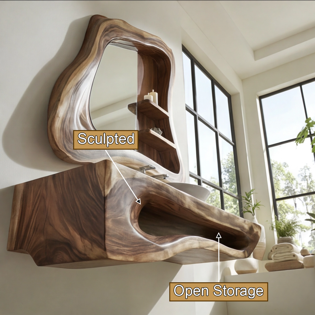 Hollowmere Sculpted Solid Wood Floating Bathroom Vanity with Open Storage