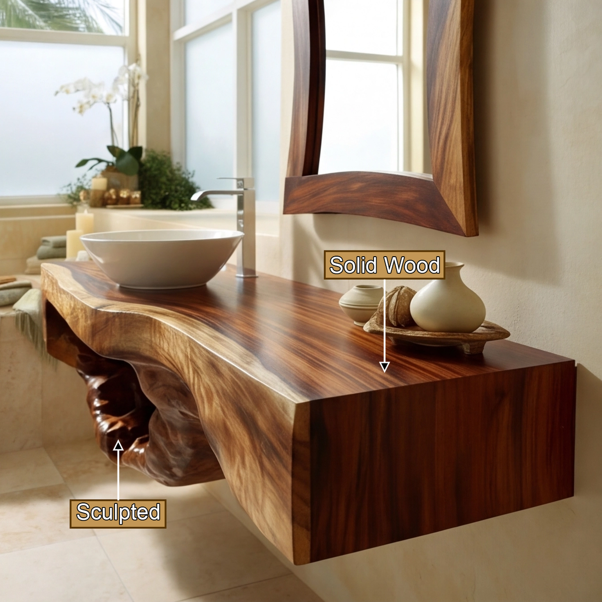 Ironbark Live Edge Solid Wood Floating Bathroom Vanity with Open Storage